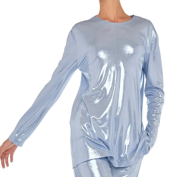 Norma Kamali Misty Blue Boyfriend Long Sleeve Crew Top, XXS - Picture 1 of 7